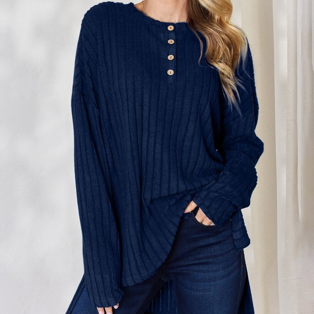 NWT Basic Bae Full Size Ribbed Half Button Long Sleeve High-Low T-Shirt